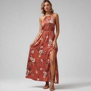 Redwood Floral Print Crisscross Backless Split Thigh Halter Dress